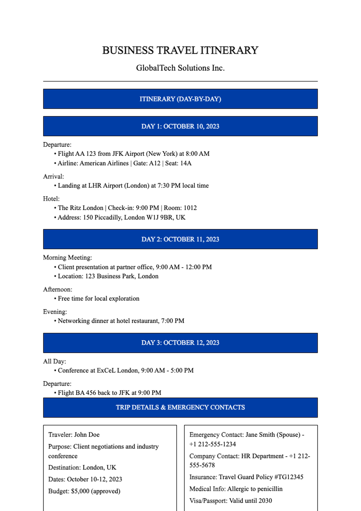 Business travel itinerary template with trip details and emergency contacts_variant_1